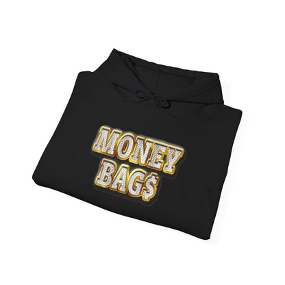 Money Bags Hoodie | Gold Text Graphic Sweatshirt