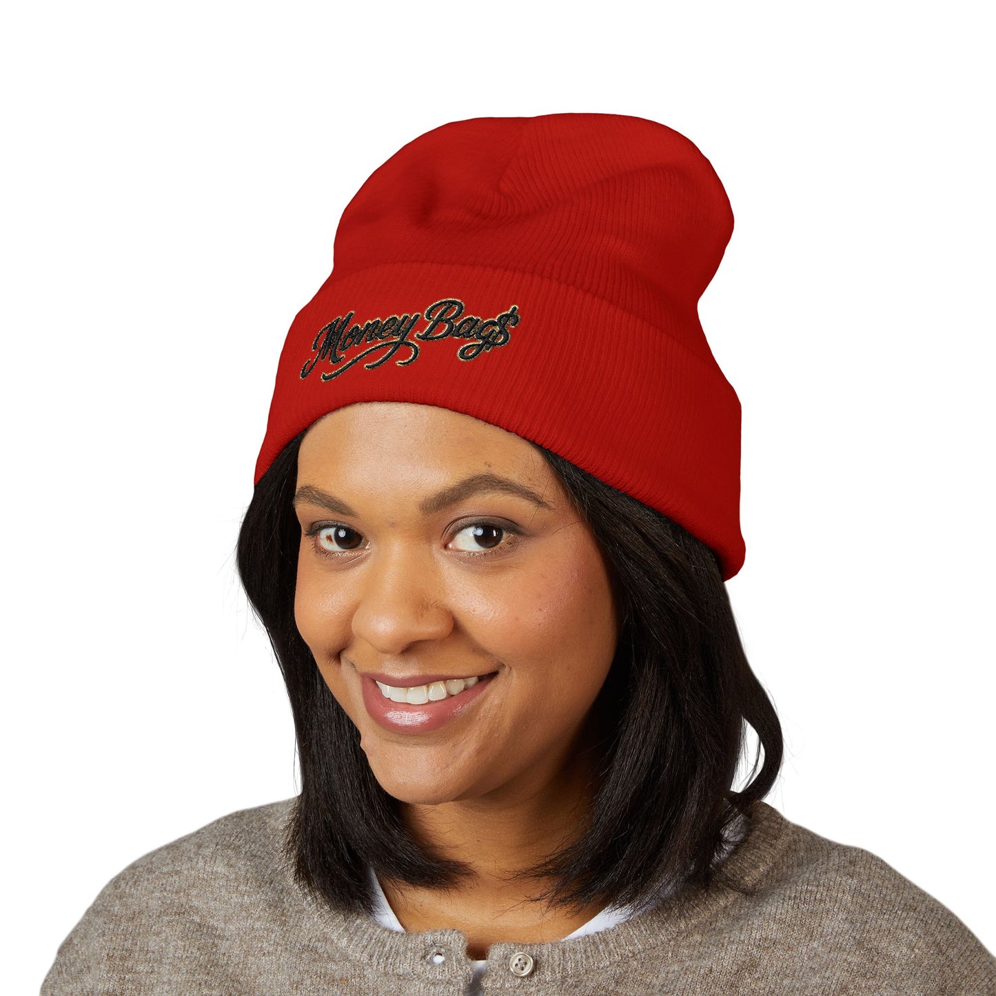 Money Bags Embroidered Beanie - Classic Cuffed Knit Hat