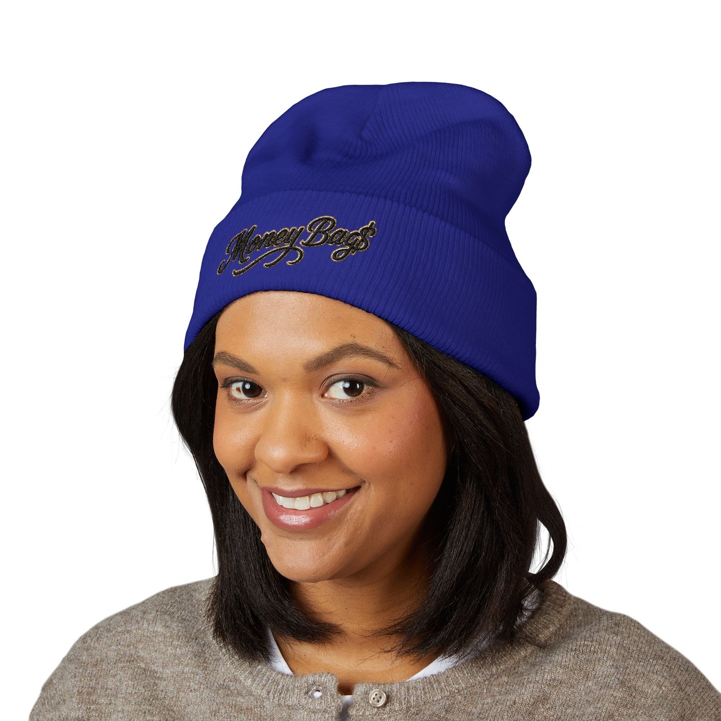 Money Bags Embroidered Beanie - Classic Cuffed Knit Hat