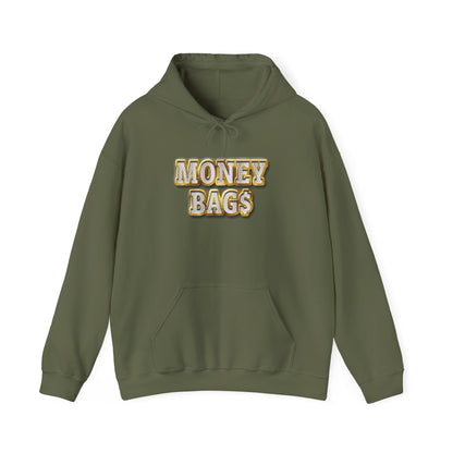 Money Bags Hoodie | Gold Text Graphic Sweatshirt