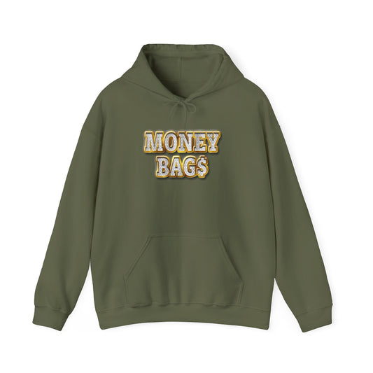 Money Bags Hoodie | Gold Text Graphic Sweatshirt