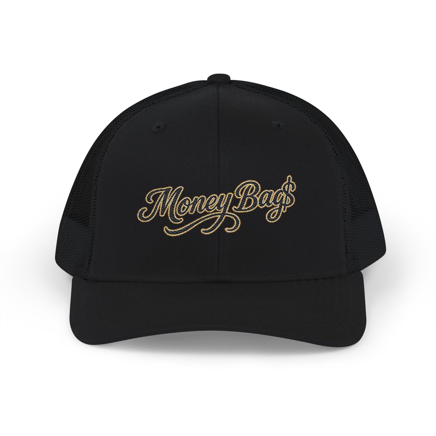 Money Bag Embroidered Trucker Cap — Gold Script Snapback Hat