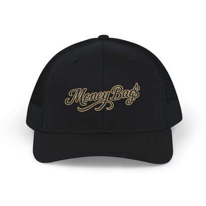 Money Bag Embroidered Trucker Cap — Gold Script Snapback Hat