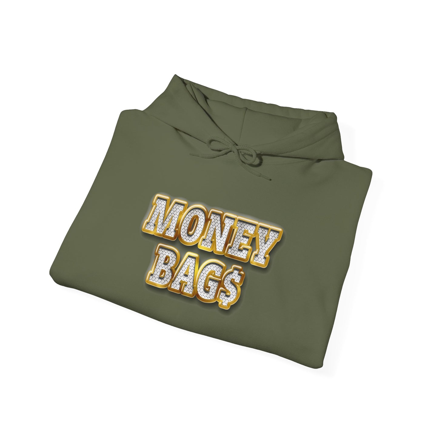 Money Bags Hoodie | Gold Text Graphic Sweatshirt