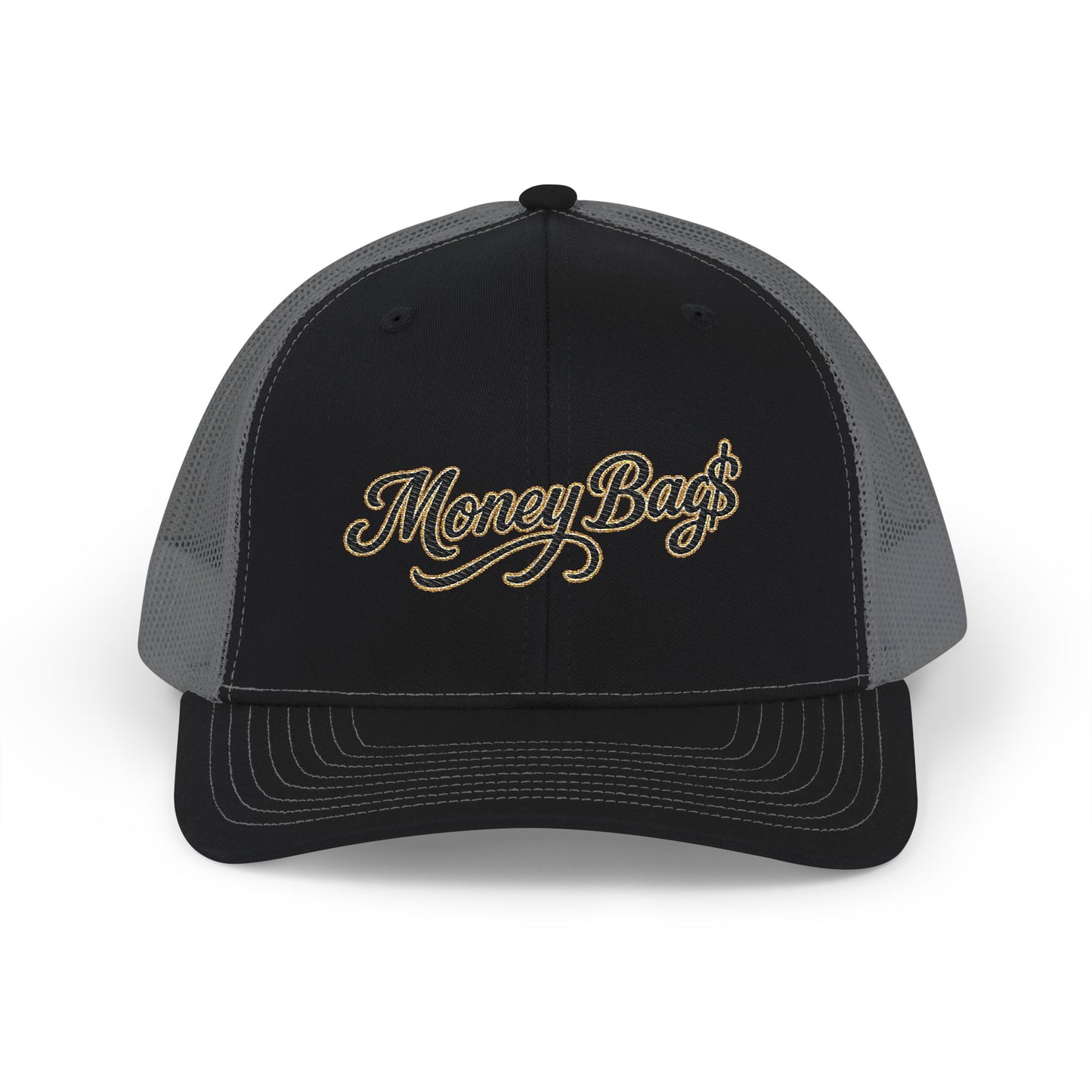 Money Bag Embroidered Trucker Cap — Gold Script Snapback Hat