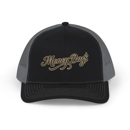 Money Bag Embroidered Trucker Cap — Gold Script Snapback Hat