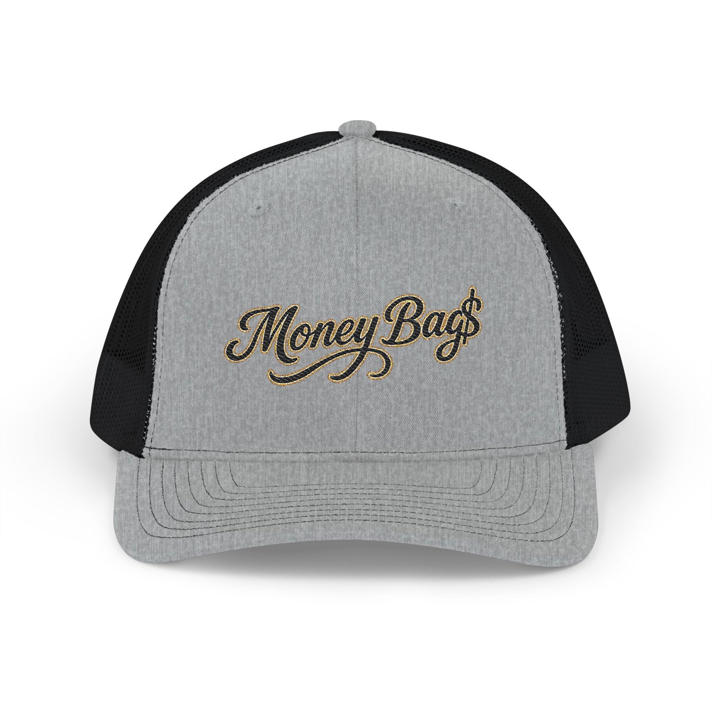 Money Bag Embroidered Trucker Cap — Gold Script Snapback Hat