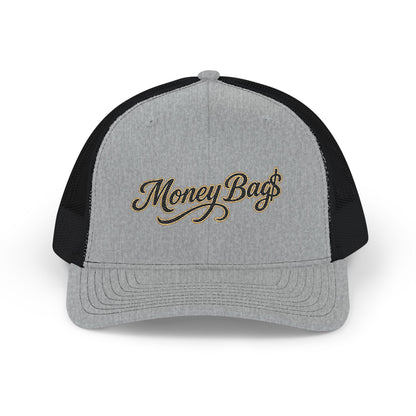 Money Bag Embroidered Trucker Cap — Gold Script Snapback Hat