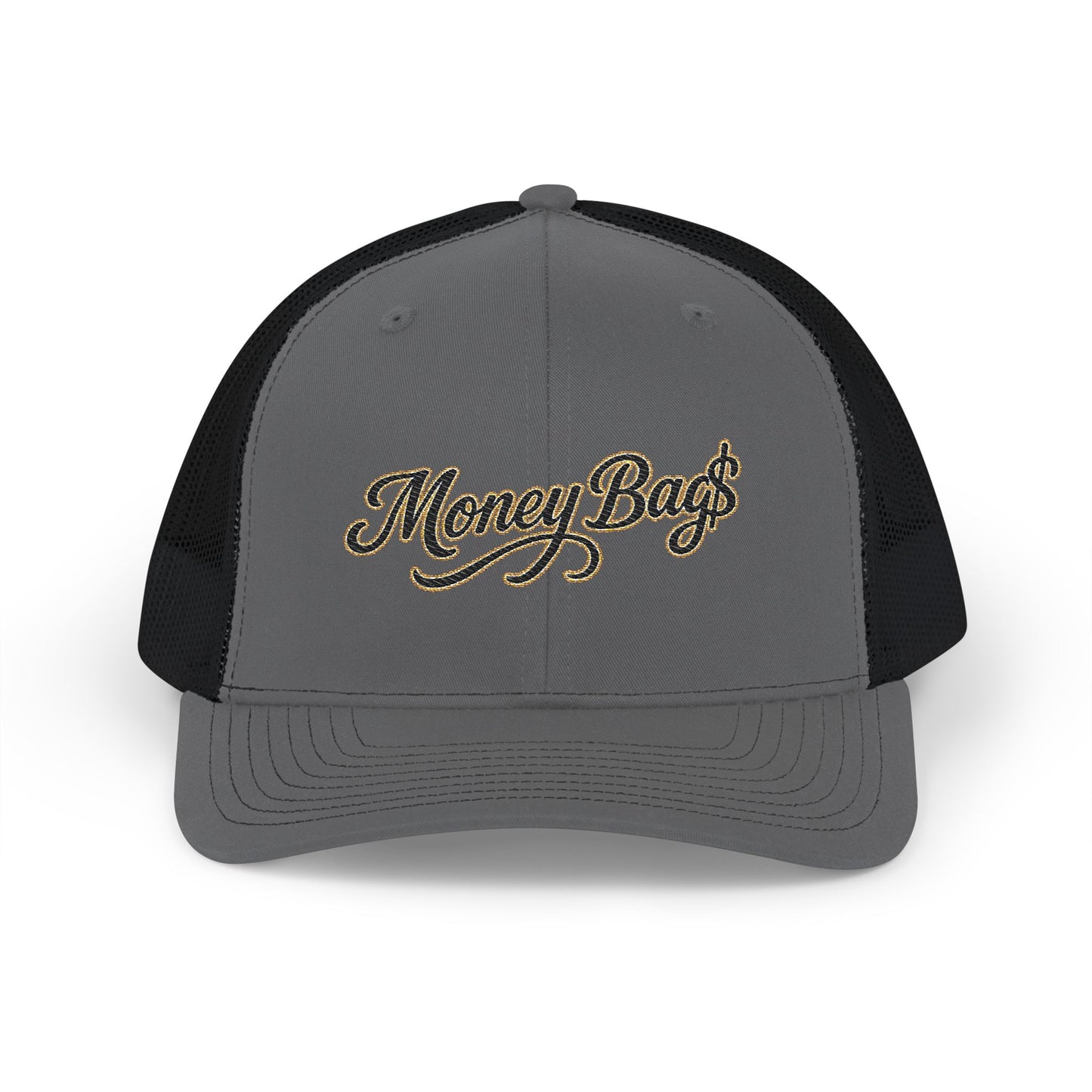 Money Bag Embroidered Trucker Cap — Gold Script Snapback Hat