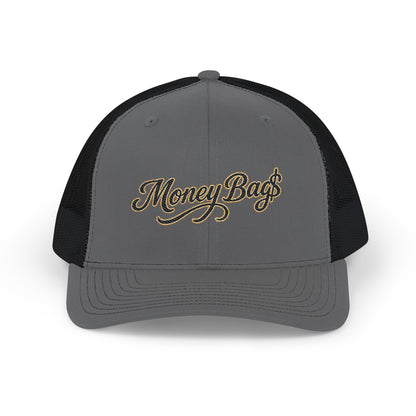 Money Bag Embroidered Trucker Cap — Gold Script Snapback Hat