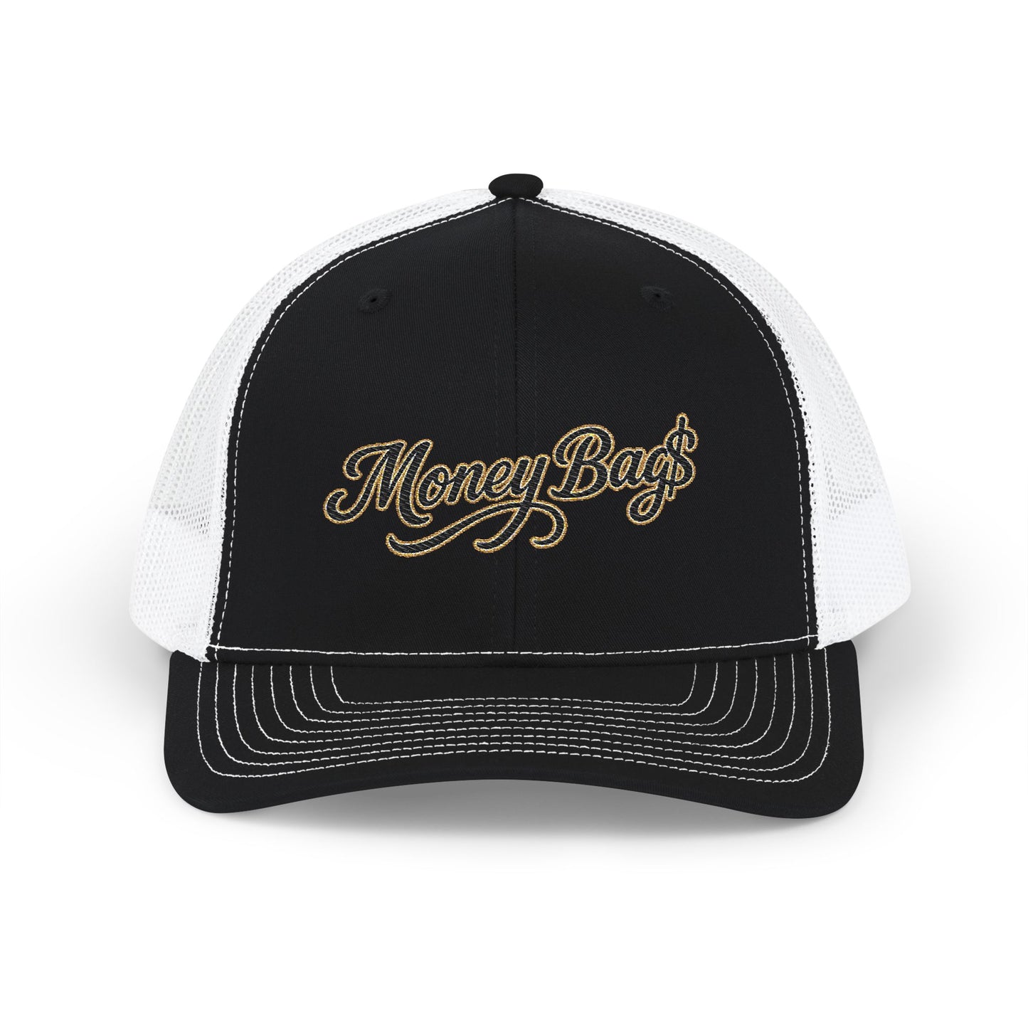 Money Bag Embroidered Trucker Cap — Gold Script Snapback Hat