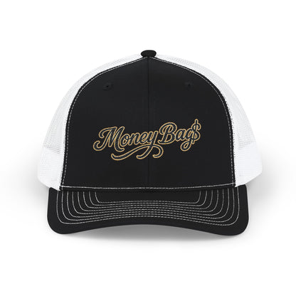 Money Bag Embroidered Trucker Cap — Gold Script Snapback Hat