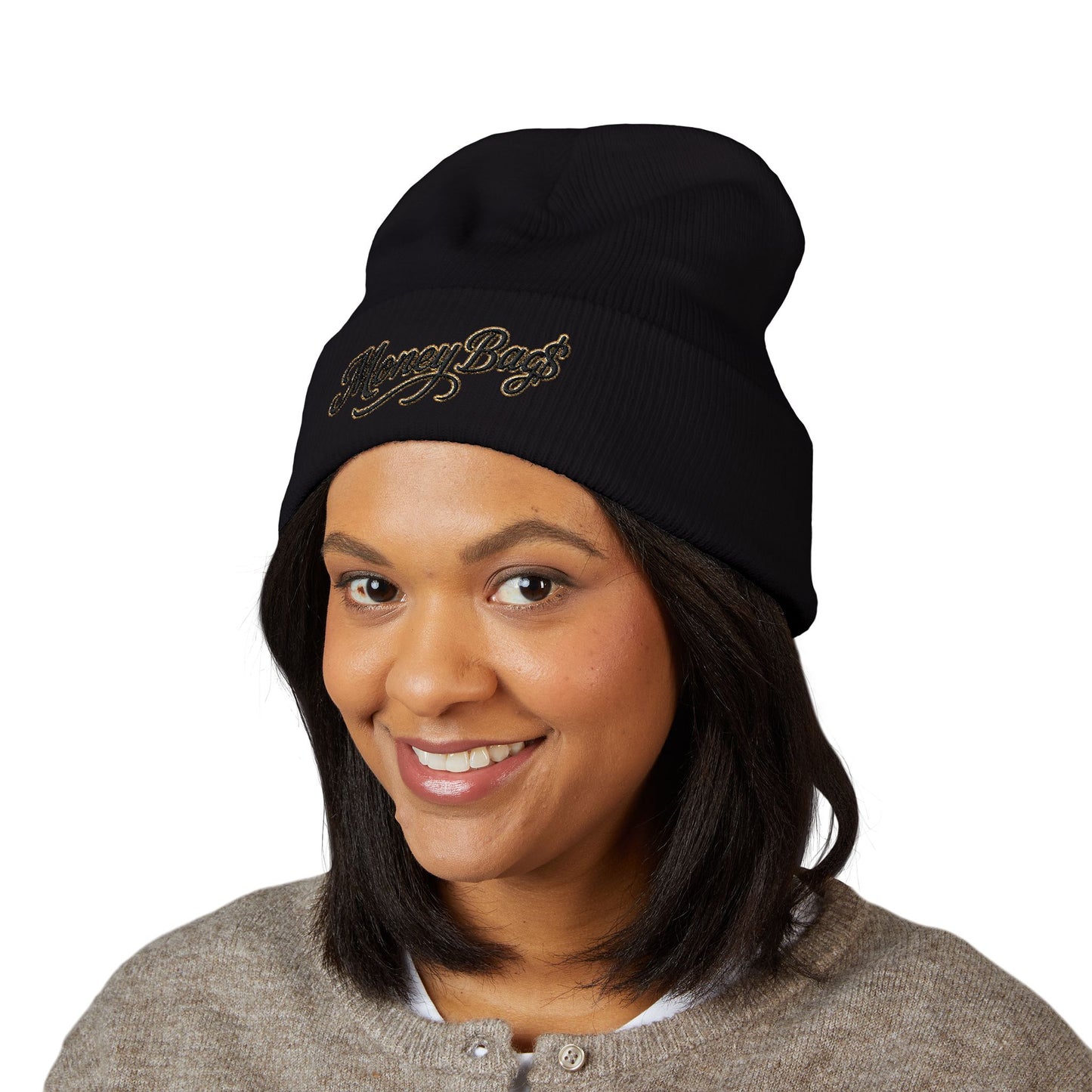 Money Bags Embroidered Beanie - Classic Cuffed Knit Hat