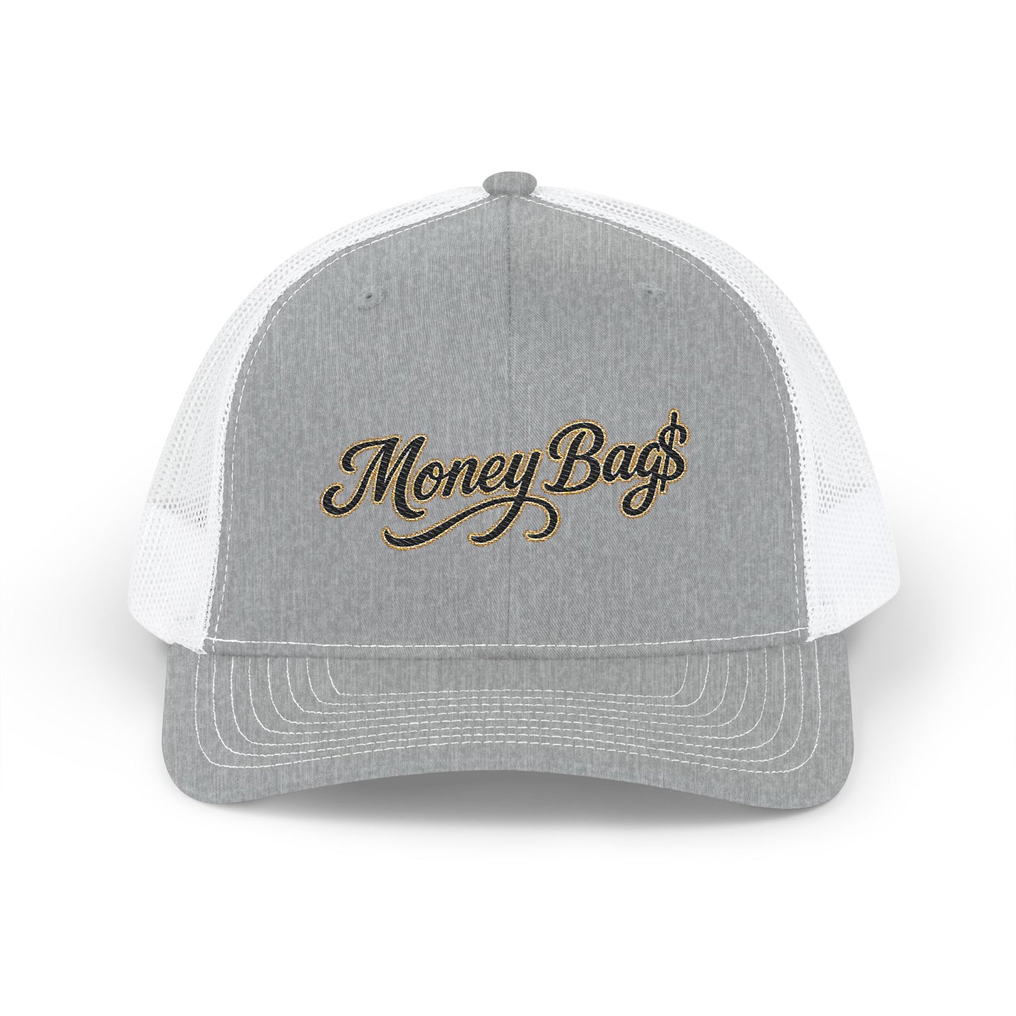 Money Bag Embroidered Trucker Cap — Gold Script Snapback Hat