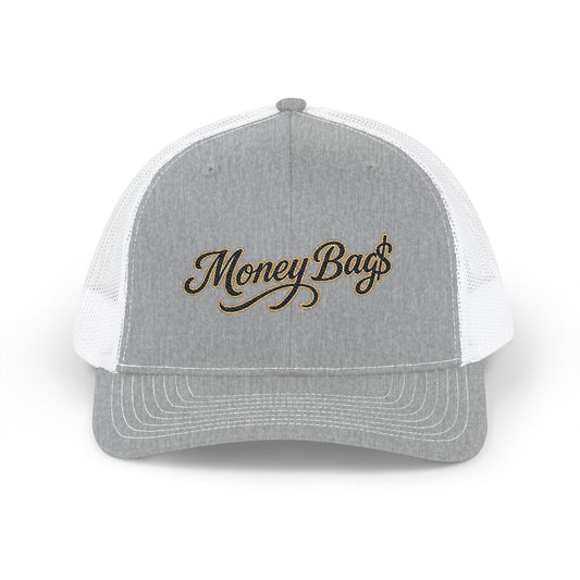 Money Bag Embroidered Trucker Cap — Gold Script Snapback Hat